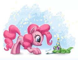 Size: 663x513 | Tagged: artist:imdrunkontea, derpibooru import, gummy, hat, onomatopoeia, party hat, party horn, pinkie pie, safe