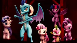 Size: 1920x1080 | Tagged: safe, artist:danj16, derpibooru import, princess ember, rarity, spike, starlight glimmer, sweetie belle, twilight sparkle, twilight sparkle (alicorn), alicorn, dragon, pony, 3d, flying, rearing