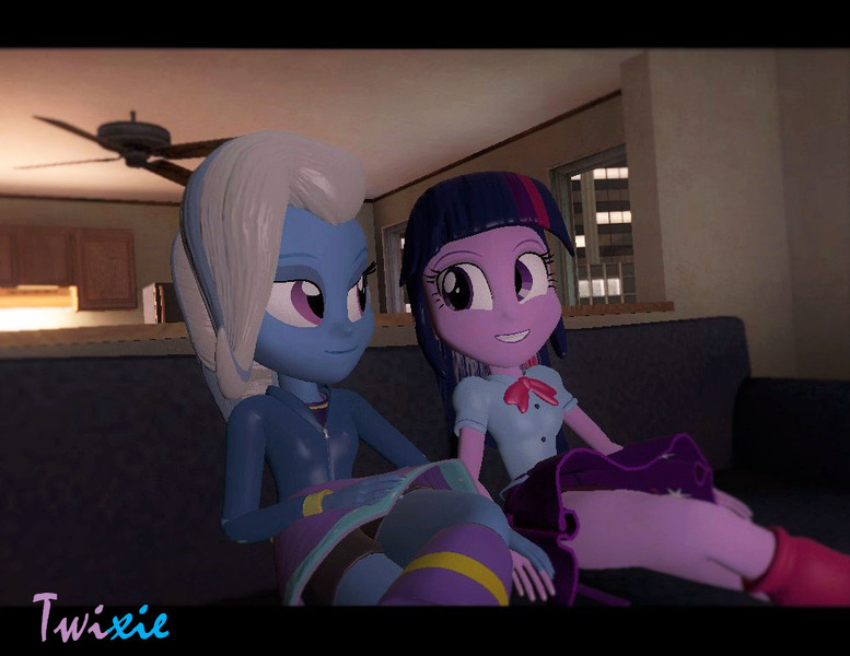 Size: 994x768 | Tagged: safe, artist:blackbelt2297, derpibooru import, trixie, twilight sparkle, twilight sparkle (alicorn), human, equestria girls, g4, 3d, boots, boyshorts, clothes, couch, cute, female, high heel boots, holding hands, hoodie, house, image, jpeg, lesbian, panties, purple underwear, shipping, shirt, shoes, skirt, source filmmaker, twixie, underwear, upskirt