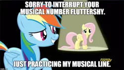 Size: 884x500 | Tagged: can i do it on my own, caption, derpibooru import, discovery family logo, flutter brutter, fluttershy, image macro, imgflip, looking at you, meme, musical, musical number, rainbow dash, rude, safe, screencap, selfish, spotlight, text