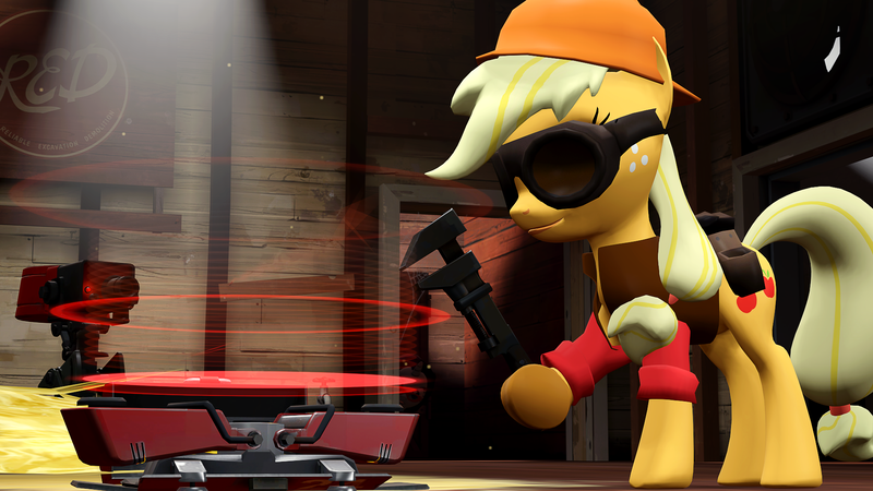 Size: 1920x1080 | Tagged: safe, artist:danj16, derpibooru import, applejack, 3d, engineer, parody, source filmmaker, team fortress 2, teleporter