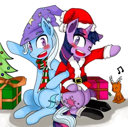 Size: 5100x5076 | Tagged: safe, artist:mizuki56, derpibooru import, trixie, twilight sparkle, pony, unicorn, absurd resolution, christmas, christmas tree, clothes, female, hat, lesbian, mare, present, santa costume, santa hat, scarf, shipping, socks, tree, twixie