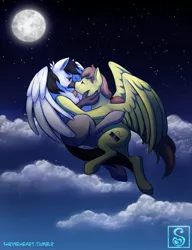 Size: 981x1280 | Tagged: safe, artist:shrineheart, derpibooru import, oc, oc:glace plume, oc:rory kenneigh, unofficial characters only, classical hippogriff, hippogriff, pegasus, pony, cloud, female, flying, glaceigh, hug, kissing, male, moon, night, shipping, stars, straight, wings