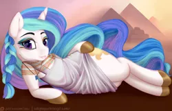 Size: 1024x663 | Tagged: alternate hairstyle, artist:aisuroma, bedroom eyes, braid, clothes, derpibooru import, dress, egyptian, eyeshadow, jewelry, looking at you, makeup, necklace, princess celestia, safe, shoes, side, smiling, solo, wide hips