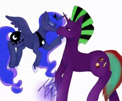 Size: 992x820 | Tagged: safe, artist:nightingale rosemary, derpibooru import, princess luna, oc, oc:blaze fireheart, pony, unicorn, blushing, canon x oc, eyes closed, female, floating, kissing, male, shipping, straight