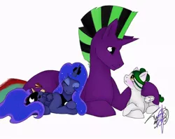 Size: 810x642 | Tagged: safe, artist:nightingale rosemary, derpibooru import, princess luna, oc, oc:blaze fireheart, oc:nightingale rosemary, pegasus, pony, unicorn, canon x oc, cuddling, eyes closed, female, looking at each other, male, shipping, snuggling, straight