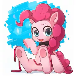 Size: 1024x1024 | Tagged: safe, artist:9seconds, derpibooru import, pinkie pie, earth pony, pony, bowtie, cute, diapinkes, female, looking at you, mare, raised hoof, ribbon, sitting, smiling, solo
