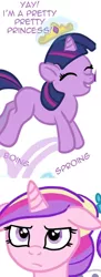 Size: 500x1376 | Tagged: artist:kuromi, boing, cadance is not amused, derpibooru import, filly, filly twilight sparkle, floppy ears, idw, onomatopoeia, princess cadance, safe, sproing, teen princess cadance, twilight sparkle, twilight wants to be a princess, unamused