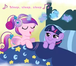 Size: 1280x1109 | Tagged: safe, artist:kuromi, derpibooru import, princess cadance, twilight sparkle, alicorn, pony, sheep, unicorn, counting sheep, eyes closed, filly, filly twilight sparkle, foalsitter, headphones, magic, music notes, open mouth, singing, smiling, teen princess cadance, tiny ewes