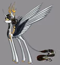 Size: 1024x1115 | Tagged: alternate universe, antlers, artist:australian-senior, colored hooves, colored sclera, crossover, curved horn, derpibooru import, dracony, glados, golden eyes, gray background, hybrid, kirin, kirindos, leonine tail, oc, oc:niomedes invictus, portal, portal 2, portal (valve), safe, scales, simple background, solo, unofficial characters only