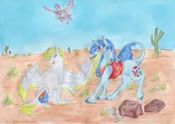 Size: 6764x4800 | Tagged: safe, artist:dawn22eagle, derpibooru import, oc, oc:blue moon quartz, oc:bright topaz, oc:diamond blade, unofficial characters only, classical unicorn, pegasus, pony, unicorn, absurd resolution, adopted offspring, cactus, cloven hooves, colored hooves, colored wings, colored wingtips, desert, flying, gay, leonine tail, male, next generation, offspring, parent:braeburn, parent:little strongheart, parent:princess cadance, parent:shining armor, parents:braeheart, parents:shiningcadance, saguaro cactus, shipping, tail feathers, traditional art, unshorn fetlocks