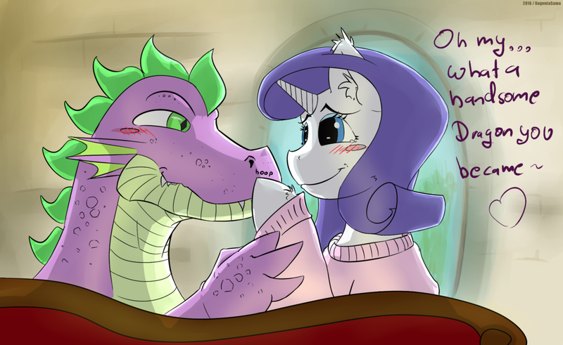 Size: 1024x628 | Tagged: safe, artist:kogentasama, derpibooru import, rarity, spike, blushing, boop, clothes, eye contact, female, male, older, older spike, shipping, sparity, straight, sweater, text