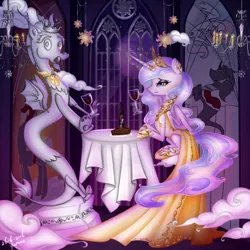 Size: 1000x1000 | Tagged: alcohol, alternate costumes, artist:yuntaoxd, bedroom eyes, bracelet, cake, cakelestia, clothes, cloud, crown, derpibooru import, dinner, discord, dress, ear piercing, earring, eyeshadow, female, food, glass, gown, husbando dinner, jewelry, king sombra, makeup, male, mare in the moon, night, petrification, piercing, princess celestia, regalia, safe, shoes, stained glass, statue, statue discord, stone, tyrant celestia, wine, wine bottle, wine glass