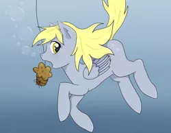 Size: 900x700 | Tagged: safe, artist:sashikuchan, derpibooru import, derpy hooves, pegasus, pony, female, fishing, food, mare, muffin, solo, swimming, underwater, water