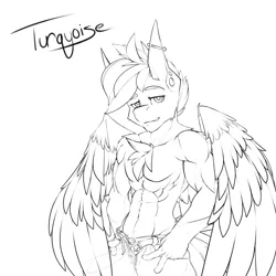 Size: 1280x1280 | Tagged: abs, anthro, artist:zephyrflash, bare chest, belt, belt buckle, clothes, derpibooru import, gauges, looking at you, male, monochrome, muscles, oc, oc:turquoise, peace sign, pegasus, piercing, solo, solo male, suggestive, topless, unofficial characters only