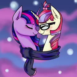 Size: 1200x1200 | Tagged: safe, artist:pigzfairy, derpibooru import, moondancer, twilight sparkle, twilight sparkle (alicorn), alicorn, pony, unicorn, abstract background, blushing, bust, clothes, eyes closed, female, lesbian, mare, nuzzling, scarf, shared clothing, shared scarf, shipping, twidancer