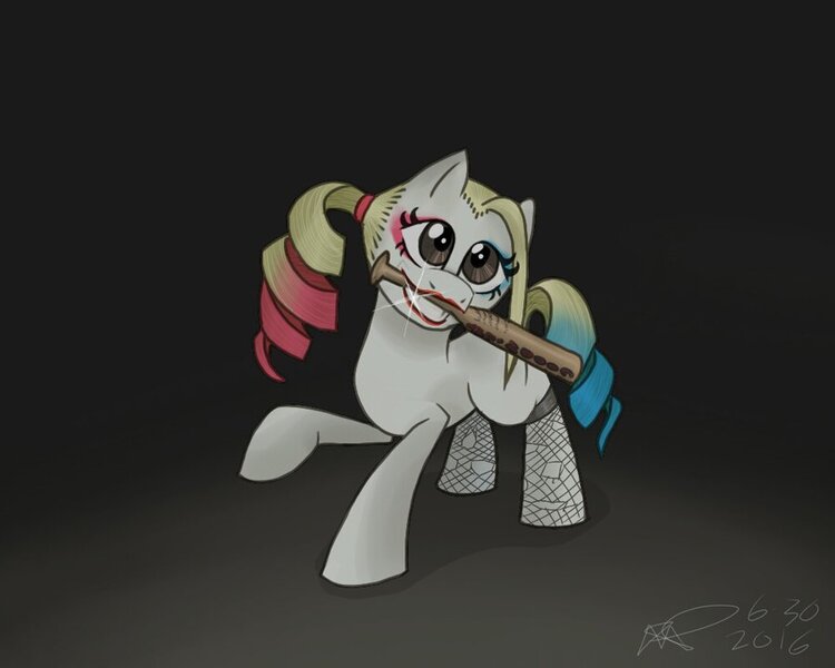 Size: 900x720 | Tagged: safe, artist:ukatofox, derpibooru import, ponified, baseball bat, clothes, crossover, dc comics, eyeshadow, fishnets, harley quinn, makeup, solo, stockings, suicide squad