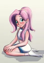 Size: 1024x1448 | Tagged: artist:ciipott, belly button, clothes, cute, derpibooru import, fluttershy, human, humanized, looking at you, midriff, ponytail, safe, shoes, shyabetes, skirt, smiling, socks, solo, tanktop