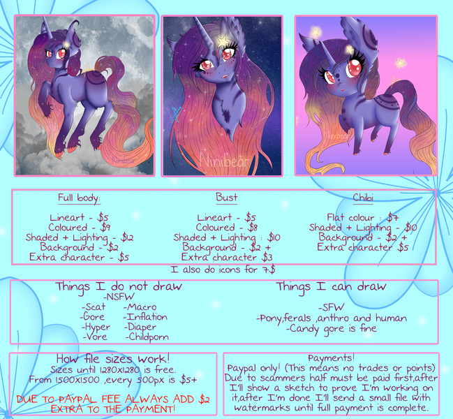 Size: 1968x1820 | Tagged: safe, artist:niniibear, derpibooru import, oc, unofficial characters only, pony, unicorn, :o, advertisement, blue, blushing, bust, chibi, cloud, colored pupils, commission, commission info, cute, ethereal mane, freckles, full body, full moon, head tilt, horn, icon, image, info, looking at you, moon, night, open mouth, pink, png, price, price sheet, raised hoof, raised leg, sheet, smiling, starry mane, unicorn oc, unshorn fetlocks