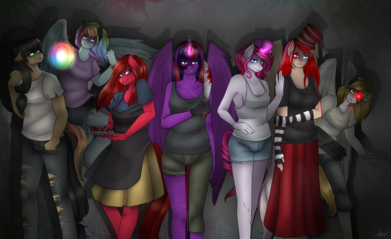 Size: 1960x1200 | Tagged: anthro, applejack, applepills, armpits, artist:rainbowhitter, blood, brutalight sparcake, clothes, demented six, derpibooru import, derpigun, elements of insanity, fluttershout, fluttershy, grimdark, knife, mane six, pinkie pie, pinkis cupcake, rainbow dash, rarifruit, rarity, redraw, twilight sparkle