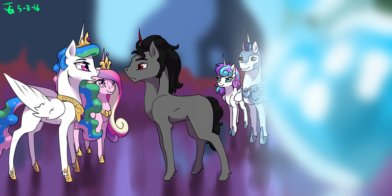 Size: 1024x512 | Tagged: artist:joan-grace, crystal empire, crystal heart, derpibooru import, king sombra, missing cutie mark, princess cadance, princess celestia, princess flurry heart, reformed sombra, safe, shining armor, story in the source