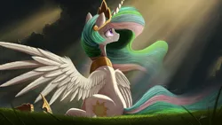 Size: 2000x1125 | Tagged: safe, artist:ncmares, derpibooru import, princess celestia, alicorn, pony, crepuscular rays, crown, female, grass, horseshoes, jewelry, looking up, mare, outdoors, peytral, rain, regalia, signature, sitting, solo, spread wings