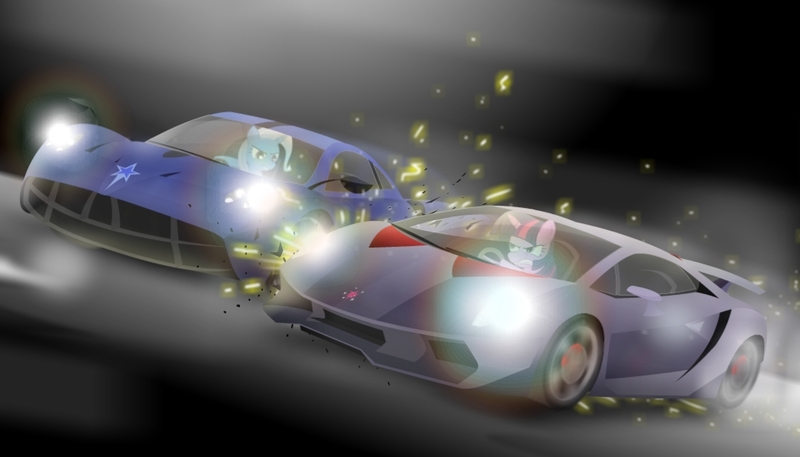 Size: 1050x600 | Tagged: safe, artist:gonein10seconds, derpibooru import, trixie, twilight sparkle, pony, unicorn, female, hypercar, lamborghini, lamborghini sesto elemento, mare, pagani, pagani huayra, police, supercar