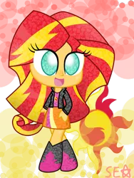 Size: 1942x2576 | Tagged: safe, artist:supererikastar, derpibooru import, sunset shimmer, equestria girls, boots, chibi, clothes, cute, jacket, leather jacket, shimmerbetes, skirt