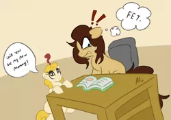 Size: 1024x716 | Tagged: safe, artist:accidentalfox, derpibooru import, oc, oc:cream puff, oc:heartbreak, unofficial characters only, earth pony, pony, blue eyes, book, desk, dialogue, duo, exclamation point, female, filly, human in equestria, human to pony, male to female, mare, messy mane, my little heartbreak, orange eyes, question, question mark, rule 63