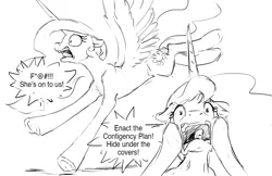 Size: 1280x828 | Tagged: safe, artist:silfoe, derpibooru import, princess celestia, princess luna, alicorn, royal sketchbook, funny, grayscale, monochrome, open mouth, panic, simple background, sketch, vulgar