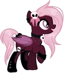 Size: 374x431 | Tagged: safe, artist:bloddybank12, derpibooru import, oc, unofficial characters only, bat pony, pony, adoptable, choker, ear piercing, earring, goth, hair accessory, jewelry, necklace, open mouth, piercing, raised hoof, simple background, skull, smiling, solo, spiked choker, transparent background, wristband