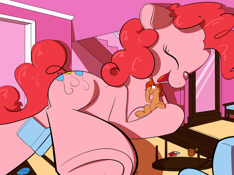 Size: 2000x1500 | Tagged: safe, artist:goat train, deleted from derpibooru, derpibooru import, pinkie pie, oc, oc:butter nut, pony, commission, cuddling, eyes closed, facehoof, furniture, giant pony, hug, macro, open mouth, size difference, smiling, snuggling, underhoof