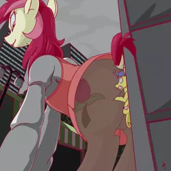 Size: 2000x2000 | Tagged: suggestive, artist:goat train, deleted from derpibooru, derpibooru import, comet tail, roseluck, pony, city, clothes, dock, dress, giant pony, lip bite, macro, plot, size difference, stockings