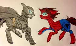 Size: 2856x1724 | Tagged: armor, artist:ameliacostanza, batman, charge, charging, clothes, costume, crossover, dc comics, derpibooru import, fight, marvel, ponified, safe, slit eyes, spider-man, superhero, torn clothes, traditional art