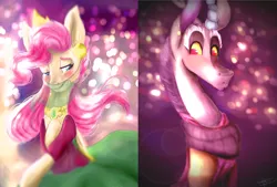 Size: 7200x4881 | Tagged: safe, artist:loladotz, derpibooru import, discord, fluttershy, absurd resolution, arabian, blushing, clothes, costume, discoshy, female, jewelry, lights, male, shipping, straight, veil