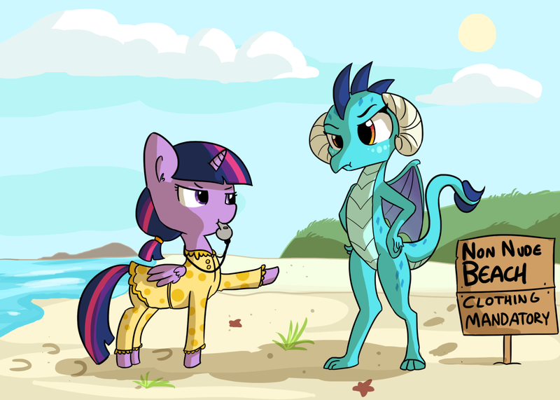 Size: 1280x914 | Tagged: safe, artist:tjpones, derpibooru import, princess ember, twilight sparkle, twilight sparkle (alicorn), alicorn, dragon, pony, :t, beach, clothes, frown, glare, lewd, mouth hold, nudity, pointing, sign, swimsuit, unamused, wat, we don't normally wear clothes, whistle