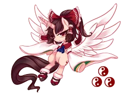 Size: 1280x931 | Tagged: safe, artist:san tu ya meng, derpibooru import, oc, ponified, unofficial characters only, alicorn, pony, alicorn oc, hakurei reimu, horseshoes, pixiv, simple background, solo, touhou, transparent background