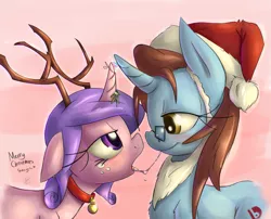 Size: 3161x2550 | Tagged: suggestive, artist:leadhooves, derpibooru import, oc, oc:kneaded rubber, oc:succy, unofficial characters only, pony, antlers, christmas, collar, drool, drool string, female, females only, hat, kissing, lesbian, mare, santa hat, sloppy kissing