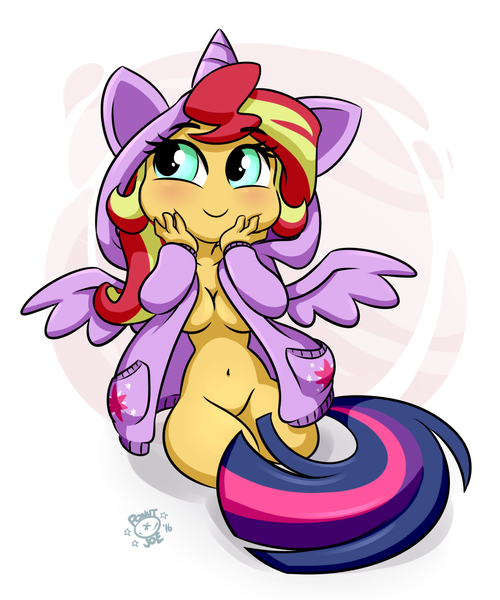 Size: 1280x1536 | Tagged: questionable, artist:ponut_joe, derpibooru import, sunset shimmer, twilight sparkle, equestria girls, adorasexy, belly button, chibi, clothes, cute, featureless crotch, female, hands on cheeks, hnnng, hoodie, implied twilight sparkle, lesbian, nudity, ponutjoe is trying to murder us, revealing clothing, sexy, shimmerbetes, shipping, smiling, solo, solo female, sunsetsparkle