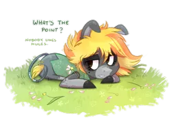 Size: 948x662 | Tagged: artist:kyaokay, derpibooru import, flower, mule, oc, oc:fugly, sad, safe, solo, unofficial characters only