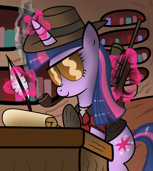 Size: 895x1001 | Tagged: safe, artist:ziemniax, derpibooru import, twilight sparkle, pony, unicorn, book, bookshelf, cutie mark, dear princess celestia, female, glasses, glowing horn, gun, hat, hooves, horn, letter, levitation, magic, mare, optical sight, parody, quill, rifle, smiling, smoke, smoking, sniper, sniper rifle, solo, sunglasses, team fortress 2, telekinesis, twilight sniper, weapon