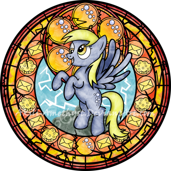 Size: 900x900 | Tagged: safe, artist:akili-amethyst, derpibooru import, derpy hooves, pegasus, pony, dive to the heart, female, food, kingdom hearts, letter, lightning, mare, muffin, solo, stained glass