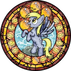 Size: 900x900 | Tagged: safe, artist:akili-amethyst, derpibooru import, derpy hooves, pegasus, pony, dive to the heart, female, food, kingdom hearts, letter, lightning, mare, muffin, solo, stained glass