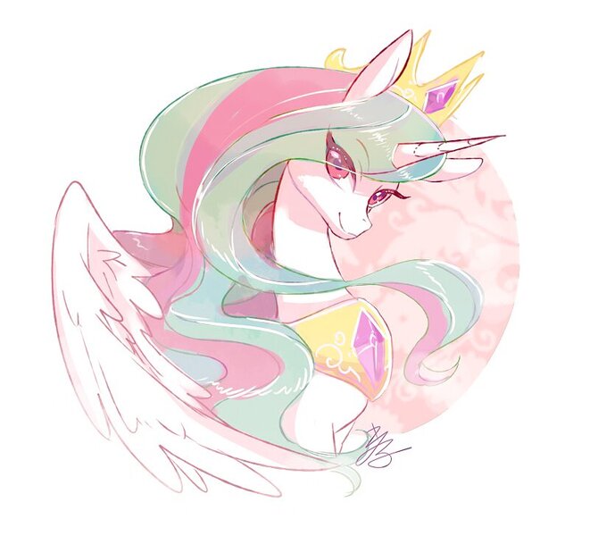 Size: 800x726 | Tagged: safe, artist:sibashen, derpibooru import, princess celestia, alicorn, pony, abstract background, bust, crown, cute, cutelestia, eye clipping through hair, female, jewelry, looking at you, mare, peytral, regalia, solo