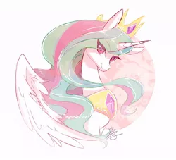 Size: 800x726 | Tagged: safe, artist:sibashen, derpibooru import, princess celestia, alicorn, pony, abstract background, bust, crown, cute, cutelestia, eye clipping through hair, female, jewelry, looking at you, mare, peytral, regalia, solo