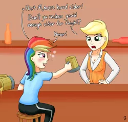 Size: 1280x1226 | Tagged: safe, artist:mkogwheel, derpibooru import, applejack, rainbow dash, human, bartender, breasts, cider, cider dash, cleavage, clothes, dashaholic, dress shirt, drunk, drunker dash, female, humanized, shirt, vest, waistcoat