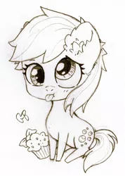 Size: 917x1286 | Tagged: safe, artist:geneticbattalion, derpibooru import, derpy hooves, pegasus, pony, chibi, ear fluff, female, food, grayscale, mare, monochrome, muffin, sitting, solo, tongue out, traditional art