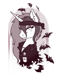 Size: 930x1200 | Tagged: safe, artist:28gooddays, derpibooru import, princess luna, alicorn, bat, pony, abstract background, clothes, ear piercing, headband, jacket, lidded eyes, looking at you, monochrome, piercing, portrait, punk, simple background, solo, transparent background