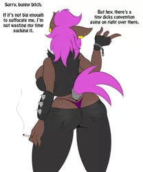 Size: 1100x1325 | Tagged: suggestive, artist:lil miss jay, derpibooru import, oc, oc:felony, unofficial characters only, anthro, anthro oc, ass, big breasts, breasts, cigarette, clothes, ear piercing, earring, female, fingerless gloves, gloves, jewelry, middle finger, panties, pants, piercing, small penis humiliation, smoking, solo, thong, underwear, vulgar