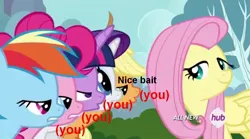 Size: 1280x714 | Tagged: safe, derpibooru import, applejack, fluttershy, pinkie pie, rainbow dash, rarity, twilight sparkle, twilight sparkle (alicorn), alicorn, pony, (you), 4chan, image macro, mane six, meme, metaphor